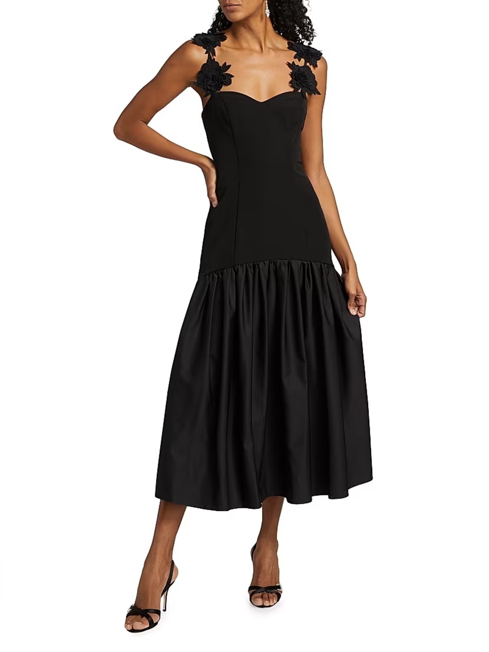 As It May Esme Crepe Black Floral-Shoulder Midi Dress
